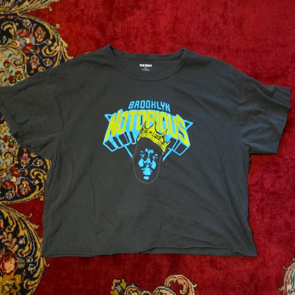 Old Navy Black Crop Top with Blue and Yellow Graphic